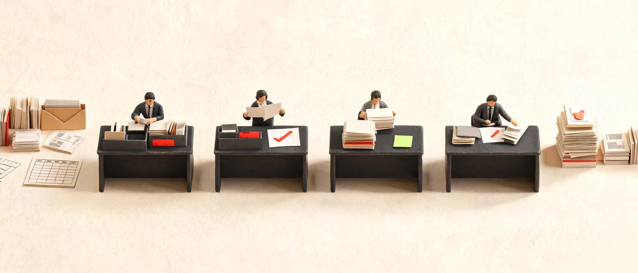 Scène miniature d’un flux où contrats, e-mails et données passent par recherche, vérification, génération et validation humaine